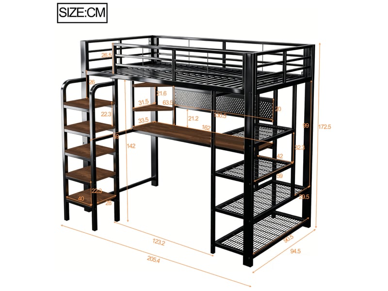 Modenvie lit mezzanine 90x200 cm - avec bureau, led et prises intégrées - pour petit espace - noir  - Conforama C
