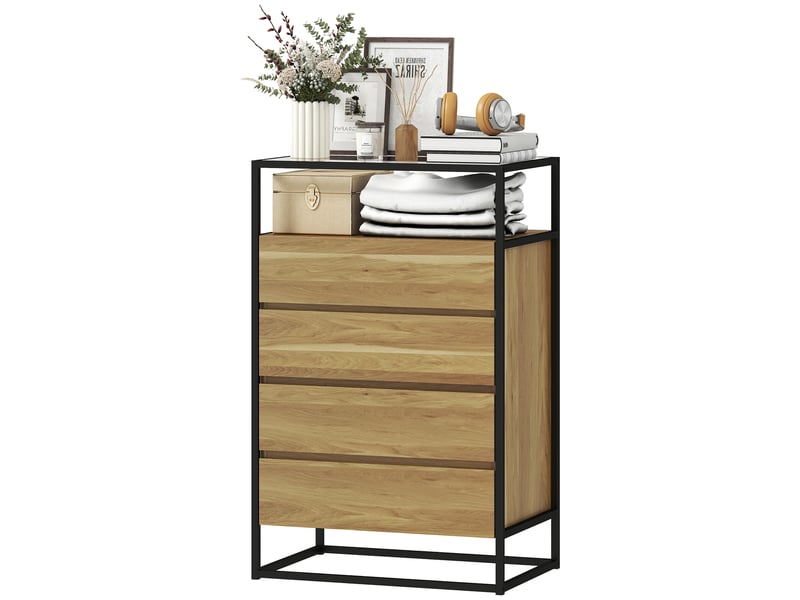  Commode à 4 tiroirs, étagère ouverte, acier, verre trempé  - Conforama B
