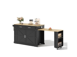 Îlot de cuisine mobile 130x50x93 cm extensible, prises usb, noir et naturel