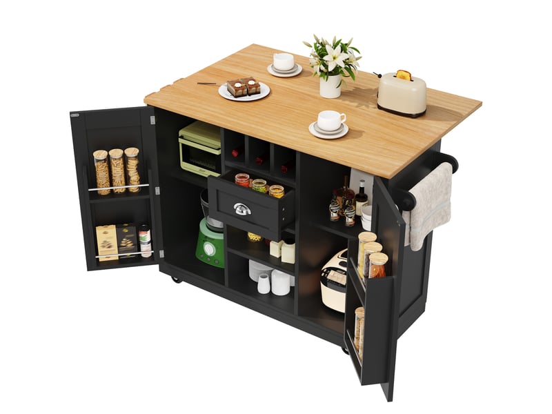 Desserte de cuisine noire 140 cm avec plateau rabattable, rangement et roulettes - Conforama A