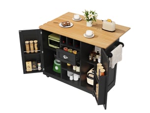 Desserte de cuisine noire 140 cm avec plateau rabattable, rangement et roulettes
