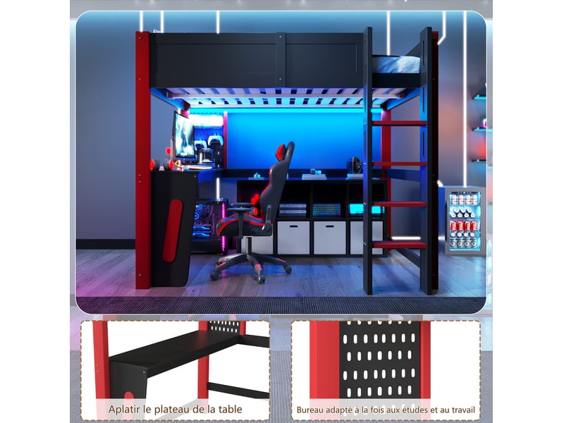  Lit mezzanine 140x200 cm, bureau panneau perforé, led réglable, garde-corps bois mdf noir naturel sans matelas  - Conforama D