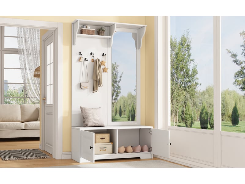  Penderie mobile - armoire (n625p338341342w) 100 x 40 x 180 cm avec miroir, 5 patères, 2 placards et une étagère, blanc  - Conforama R
