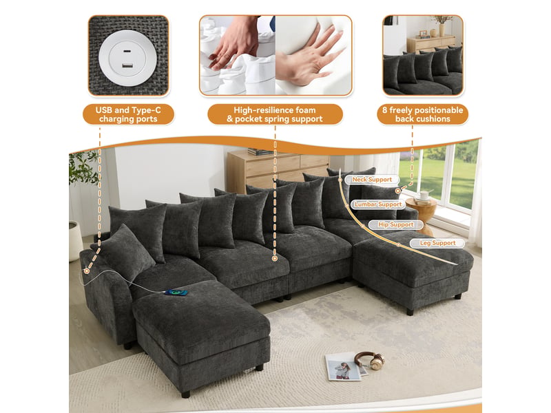  Canapé d’angle modulable ul 6 places gris, chenille gaufrée, 2 poufs, usbtype-c, 8 coussins réglables + 2 déco  - Conforama C