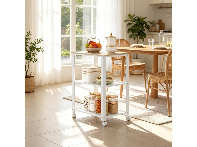  Desserte de cuisine à roulettes 60x40x76 cm – blanc et chêne clair – 3 niveaux de rangement  - Conforama B