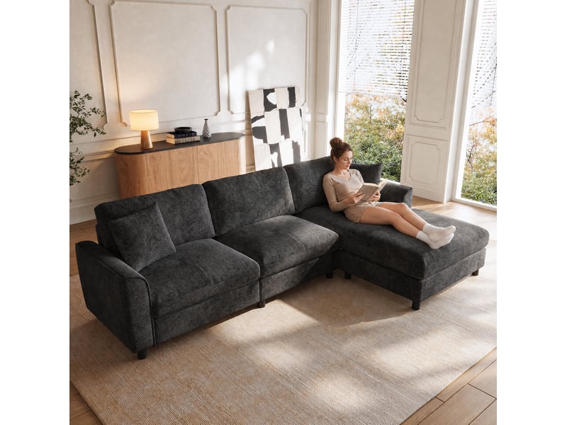  Canapé d'angle 3 places avec méridienne réversible, en chenille gris  - Conforama D