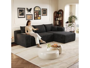 Canapé d’angle noir 3 places en velours côtelé, canapé avec méridienne de 241 cm pour salon, assise profonde et confortable