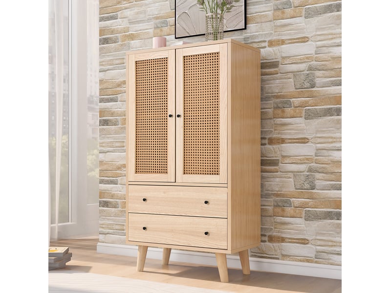  Buffet haut chêne clair avec 2 portes et 2 tiroirs, 60 x 40 x 120 cm  - Conforama D