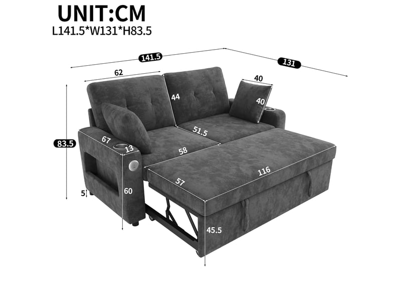  Canapé convertible 2 places avec couchage, ports usb et usb-c, led, rangements et porte-gobelets en chenille gris  - Conforama D