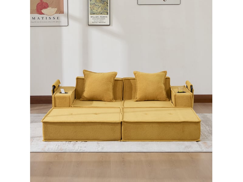  Canapé-lit 2 places modulable en chenille jaune moutarde avec 2 coussins  - Conforama B