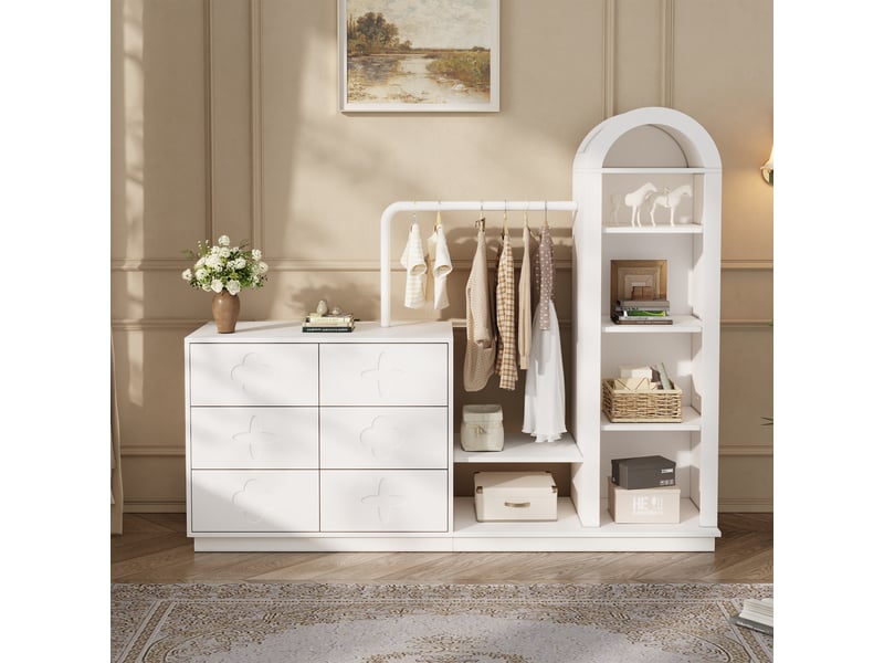 Commode blanche 6 tiroirs avec penderie et étagères en mdf, 160,5 x 40 x 134 cm - Conforama E