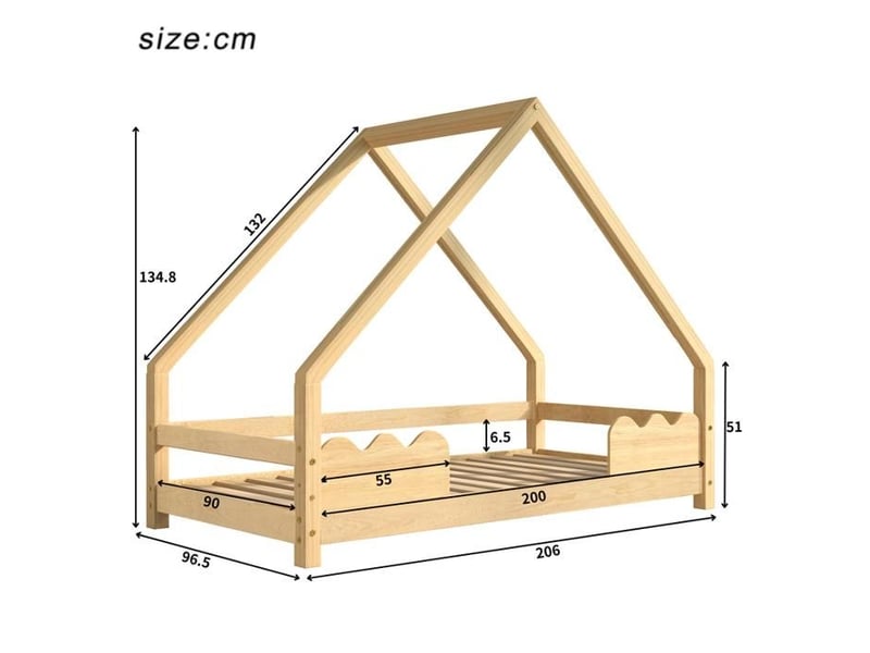  Lit enfant 90x200 cabane en bois massif – barrière de sécurité ondulée, bords arrondis, protection anti-chute – lit junior design naturel - Conforama E
