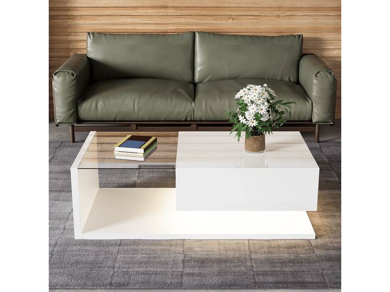  Table basse blanc brillant, avec verre et éclairage led  - Conforama B
