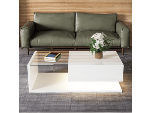 Table basse blanc brillant, avec verre et éclairage led