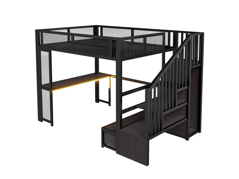  Lit mezzanine enfant 140x200 cm en métal avec bureau, led et usb, armoire intégrée, 3 tiroirs de rangement noir OMNIGLINT TRADING LTD - Conforama E