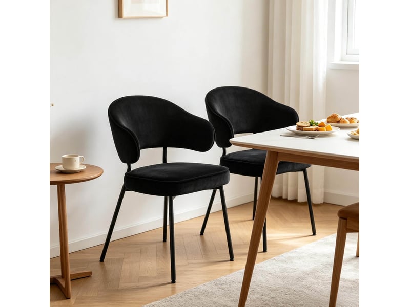  Lot de 2 chaises de salle à manger rembourrées avec dossier incurvé et pieds en métal, velours noir  - Conforama E