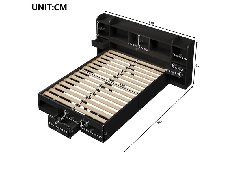  Lit plateforme 140x200 cm, tête et pied de lit avec rangements, led, port usb, mdf et contreplaqué, noir sans matelas  - Conforama C