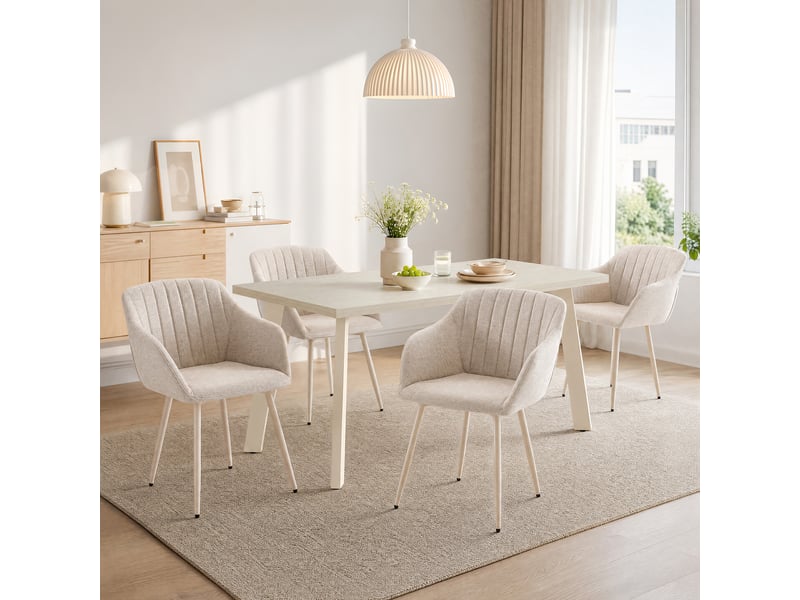  Ensemble table et 4 chaises - table rectangulaire 160x80 cm monobloc en travertin et pieds métal, 4 chaises en tissu beige et pieds en métal blanc  - Conforama W