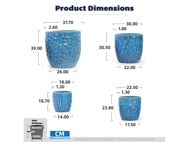  Grand pot de fleurs céramique main fait, ø38cm bleu brillant relief hammerschlag  - Conforama C