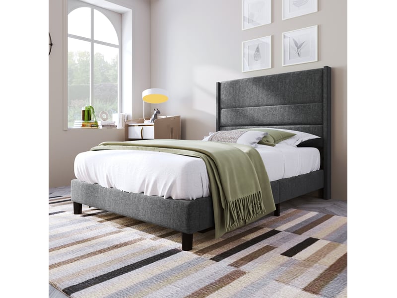  Modenvie lit simple capitonné 90x200 cm - tête de lit rembourrée, sommier inclus - gris foncé  - Conforama B