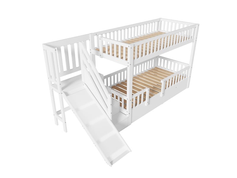  Lit superposé enfant, lit double, lit enfant multifonctionnel, avec toboggan et escalier, avec 2 tiroirs, avec porte magnétique, sans matelas, en bois massif, blanc, 90*200  - Conforama E