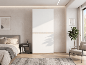 Armoire 4 portes battantes, 3 tiroirs dont 1 à bijoux, penderie, 90 × 50 × 200 cm, blanc et effet chêne naturel
