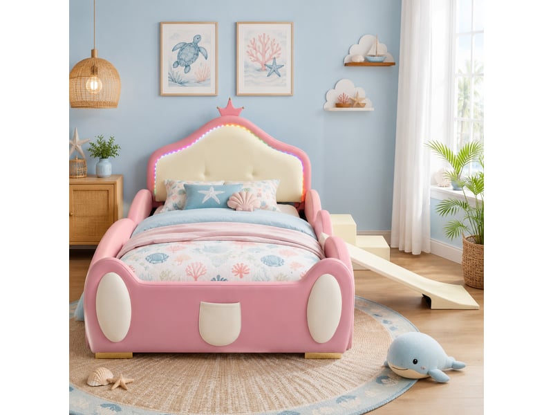  Lit enfant rembourré couronne avec toboggan et led, 90x200 cm, rose et beige  - Conforama C