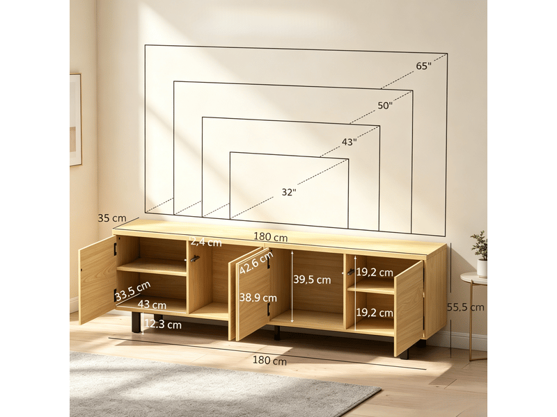  Meuble tv 180 cm pour téléviseur jusqu'à 82 pouces, 4 portes push, effet bois  - Conforama C