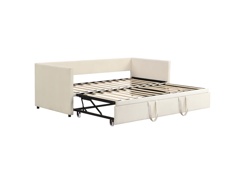  Lit de repos extensible, 90180 x 200 cm, canapé-lit, lit capitonné, revêtement en tissu lin, canapé-lit pour 2 adultes, sans matelas, beige  - Conforama E