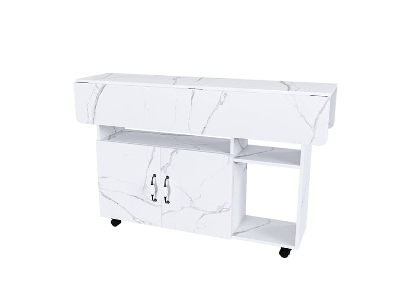Table à manger pliante mobile 110x70x80 cm, 3-en-1, 5 roulettes, mdf, blanc effet marbre - Conforama A