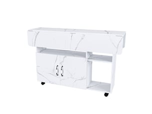 Table à manger pliante mobile 110x70x80 cm, 3-en-1, 5 roulettes, mdf, blanc effet marbre