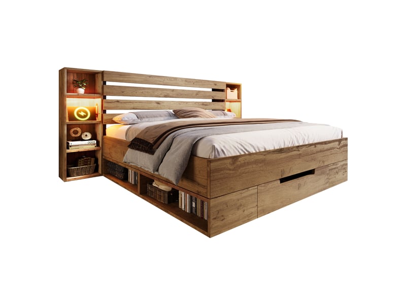  Lit double 160x200 cm avec rangements, tête de lit avec étagères, led, usb et usb-c, 2 tiroirs, sommier à lattes - effet chêne  - Conforama A