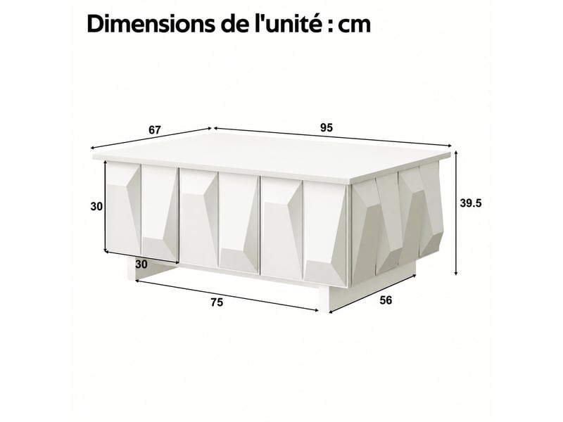  Ensemble meuble tv et table basse 3 pièces blanc, façades 3d, meuble tv 180 cm  - Conforama D