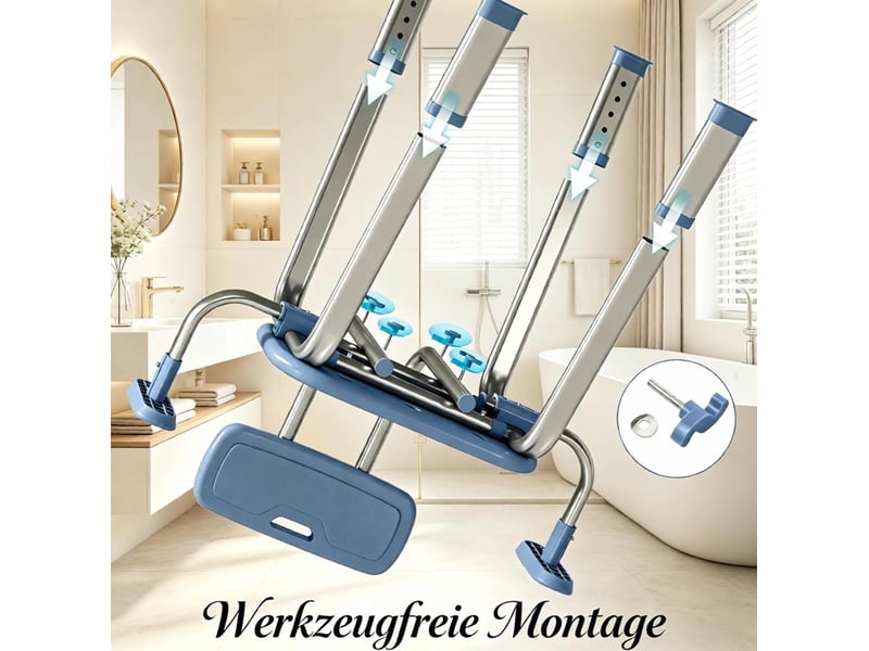 Tabouret de douche réglable bleu en aluminium et hdpe, avec dossier et accoudoirs, 5 hauteurs, charge conseillée 150 kg - Conforama E