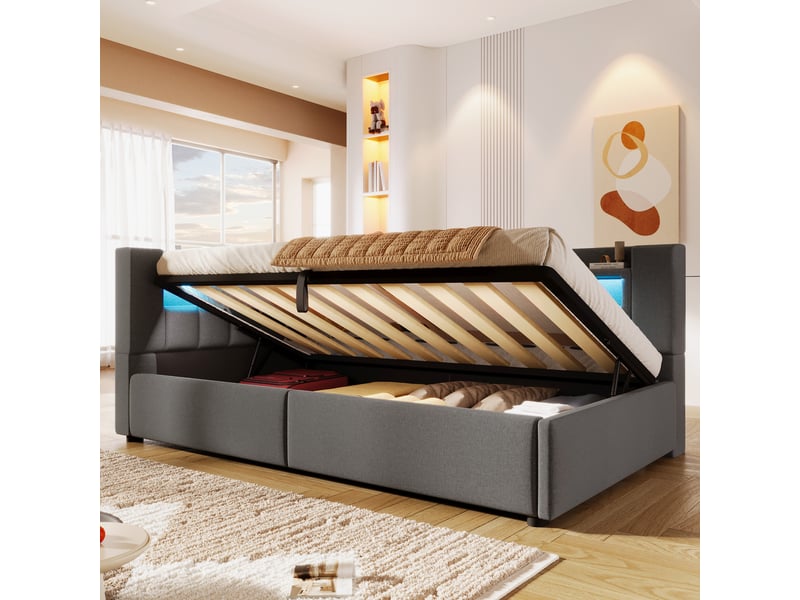  Lit de jour 90x200 cm avec coffre hydraulique, lit simple banquette avec led et ports usb type-c, lit enfant gain de place en lin avec rangement - gris  - Conforama C