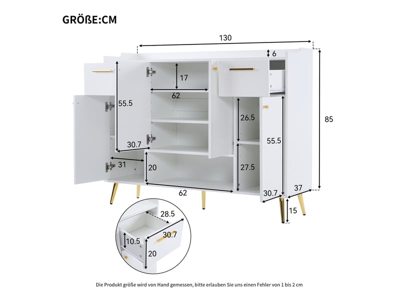  Meuble à chaussures avec 2 tiroirs, 4 portes et niche ouverte, pieds hauts, pour entrée, blanc, 130 × 37 × 100 cm  - Conforama D