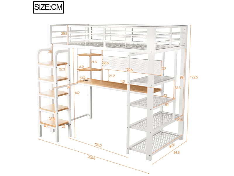  Modenvie lit mezzanine 90x200 cm - bureau intégré, led multicolore et rangements - blanc  - Conforama C
