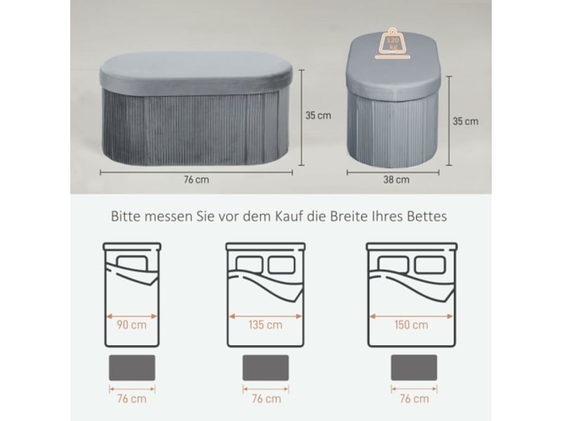  Banc coffre pliable gris foncé effet velours, rembourré, 76x38x35 cm, pour salon  - Conforama C