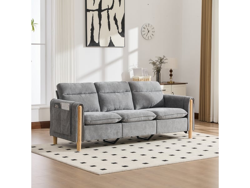 Canapé d'angle 3 places réversible en tissu gris clair avec pouf de rangement, style scandinave pour le salon - Conforama B