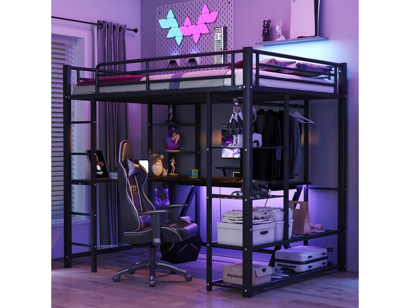  Lit mezzanine métal 140x200 cm avec échelle, bureau intégré, portique et rangement - blanc - idéal pour espaces compacts  - Conforama B