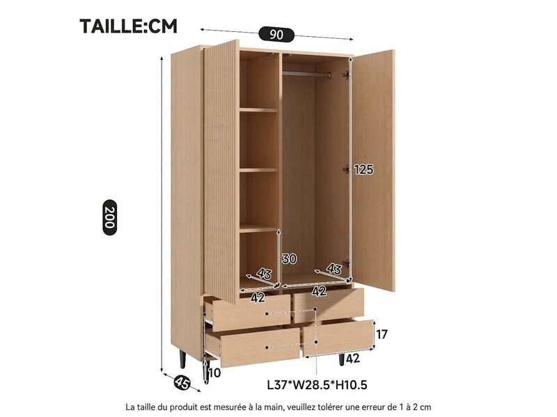 Armoire penderie 2 portes blanche et chêne 90x50x200 cm avec tiroirs - Conforama W