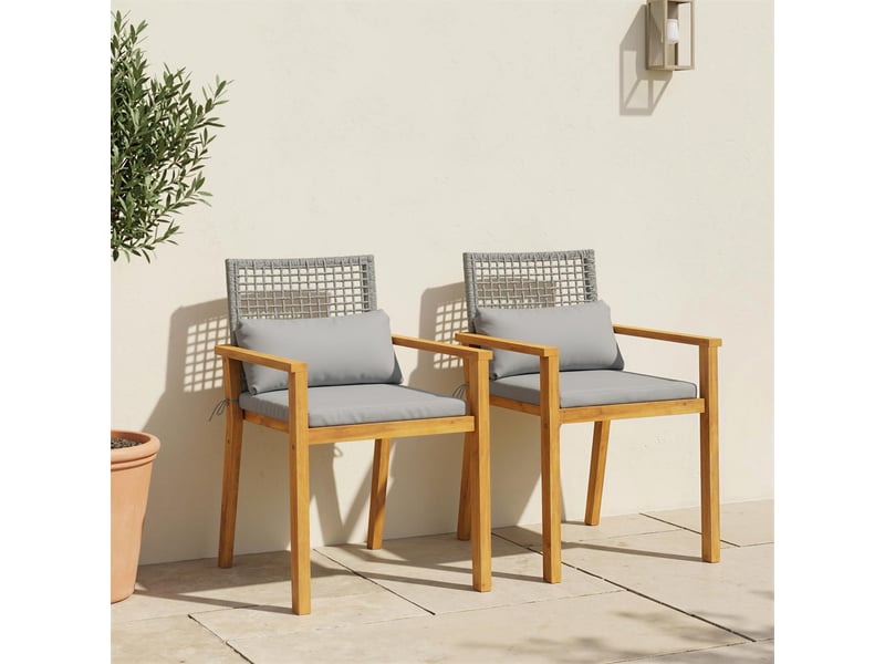  Ensemble de 2 chaises de jardin empilables en bois d'acacia avec coussins, 59 x 55 x 86 cm, coloris gris et bois  - Conforama C