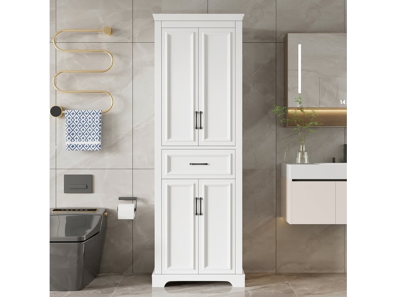  Meuble de salle de bain moderne 60x40x180 cm, portes, tiroir, tablettes réglables, armoire de rangement, mdf blanc  - Conforama B