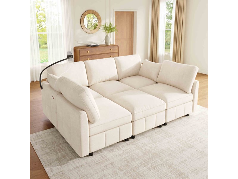 Canapé d'angle modulable 6 places 218x157x85 cm en chenille avec pouf, convertible, usb type-c, support téléphone ul pour salon - beige - Conforama D