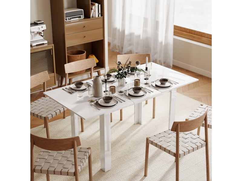  Table de salle à manger extensible, 120-160 x 70 cm, table de cuisine réglable pour 4 à 6 personnes, mdf, blanc brillant  - Conforama D