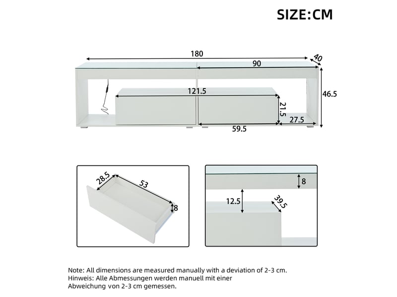  Meuble tv modenvie led blanc brillant 180 x 40 x 46 cm avec 2 tiroirs pour téléviseur jusqu’à 70 pouces  - Conforama C