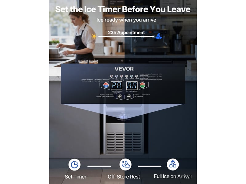  Vevor machine a glacons commerciale, fabrique de glacons rendement eleve 73 kg24 h avec stockage de 14 kg, pour bar cafe restaurant debit de boissons, avec affichage led et fonction autonettoyage  - Conforama E