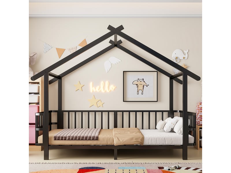  Lit simple 90x200 cm, lit enfant, barrière antichute, forme maison, métal noir  - Conforama C