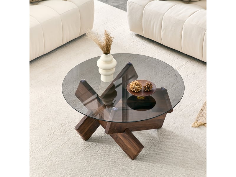 Table basse ronde avec plateau en verre trempé - lpospi - piètement géométrique sculptural mdf noyer - Conforama C