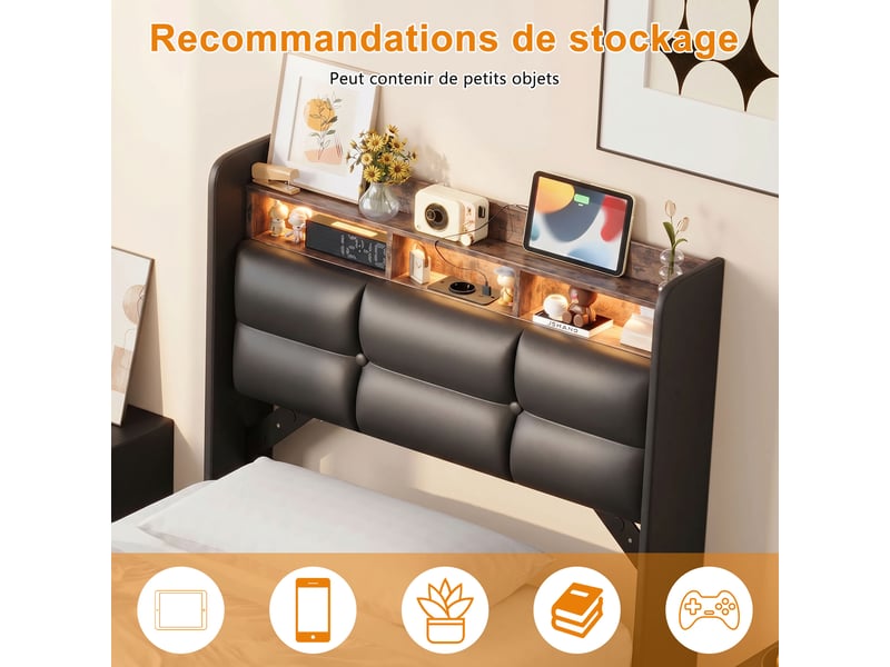  Lit coffre 90x200 cm, sommier à lattes, station de recharge, éclairage led rgb, tissu pu, pour adulte et enfant couleur noir  - Conforama E